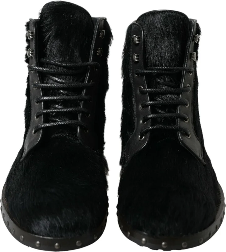 Black Pony Style Leather Mid Calf Boots Men's Shoes - Image 2