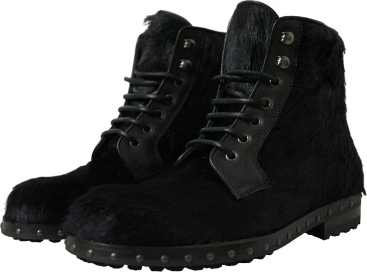 Black Pony Style Leather Mid Calf Boots Men's Shoes - Image 3