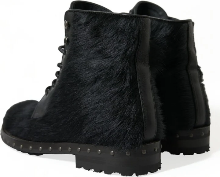 Black Pony Style Leather Mid Calf Boots Men's Shoes - Image 4