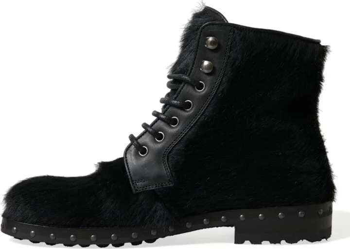 Black Pony Style Leather Mid Calf Boots Men's Shoes - Image 5