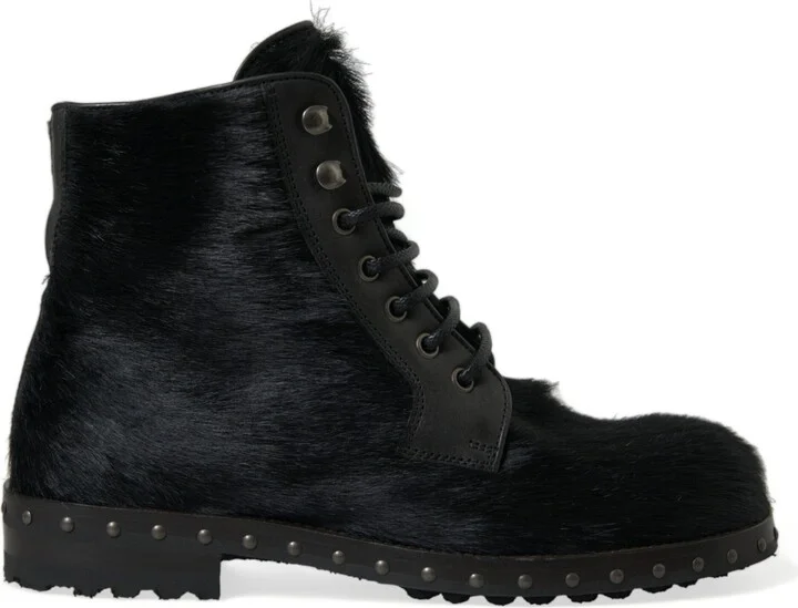 Black Pony Style Leather Mid Calf Boots Men's Shoes