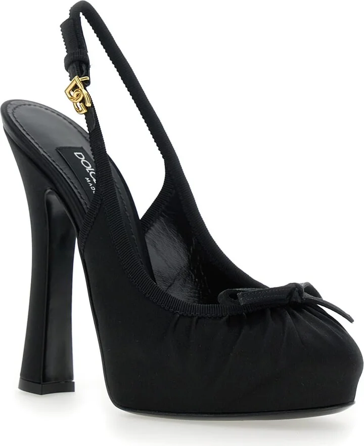 Black Pumps With Band With Metallic Dg Buckle And Bow On The Front In Fabric Woman - Image 2