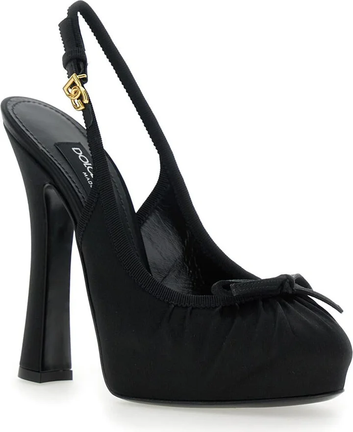Black Pumps With Band With Metallic Dg Buckle And Bow On The Front In Fabric Woman - Image 2