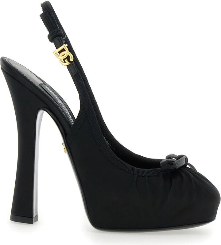 Black Pumps With Band With Metallic Dg Buckle And Bow On The Front In Fabric Woman