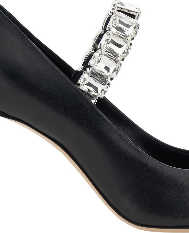 Black Pumps With Crystal Embellished Strap And High Stiletto Heel In Leather Woman - Image 4
