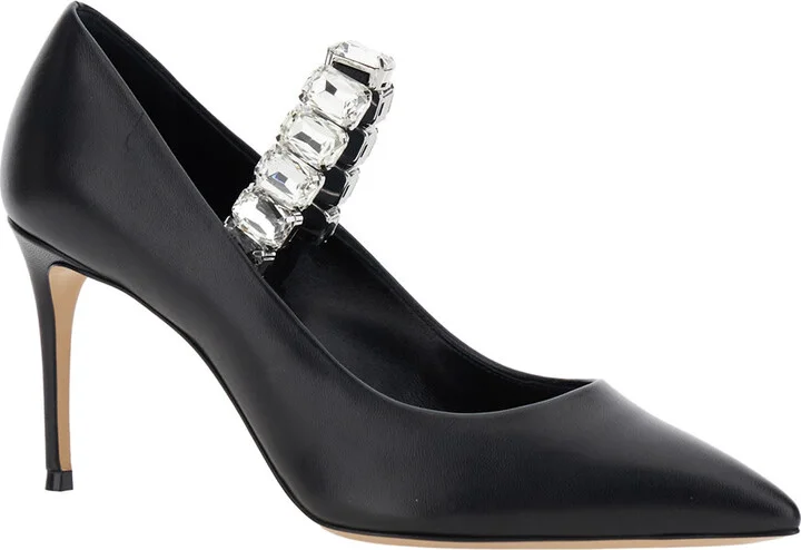Black Pumps With Crystal Embellished Strap And High Stiletto Heel In Leather Woman - Image 2