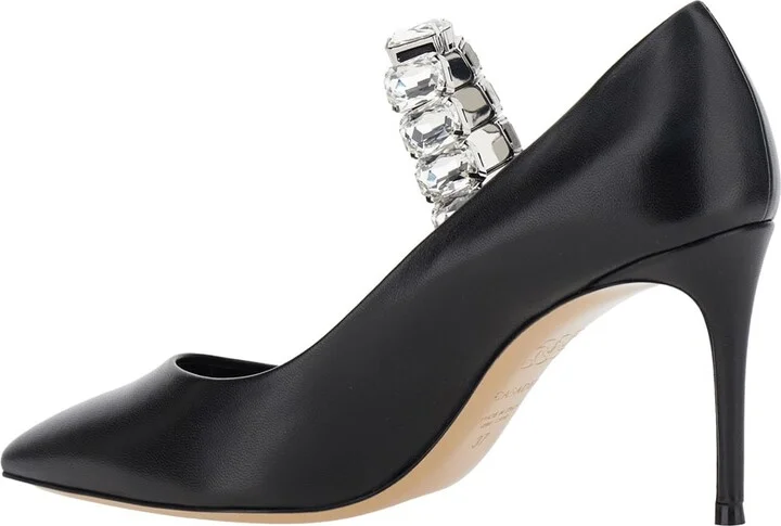 Black Pumps With Crystal Embellished Strap And High Stiletto Heel In Leather Woman - Image 3
