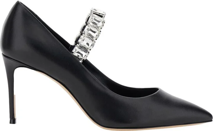 Black Pumps With Crystal Embellished Strap And High Stiletto Heel In Leather Woman