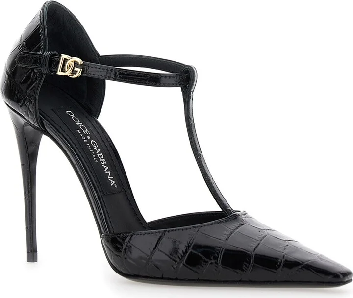 Black Pumps With Stiletto Heel And Croco Print In Leather Woman - Image 2