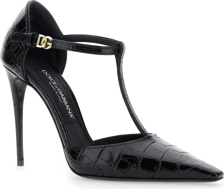 Black Pumps With Stiletto Heel And Croco Print In Leather Woman - Image 2