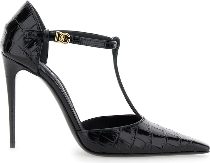Black Pumps With Stiletto Heel And Croco Print In Leather Woman