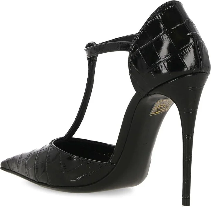 Black Pumps With Stiletto Heel And Croco Print In Leather Woman