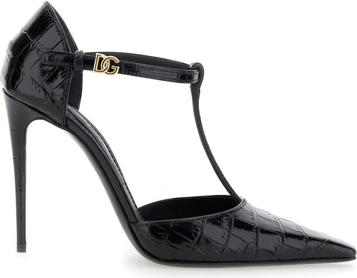 Black Pumps With Stiletto Heel And Croco Print In Leather Woman