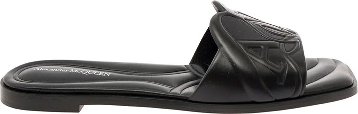 Black Quilted Sandals With Logo Motif In Leather Woman