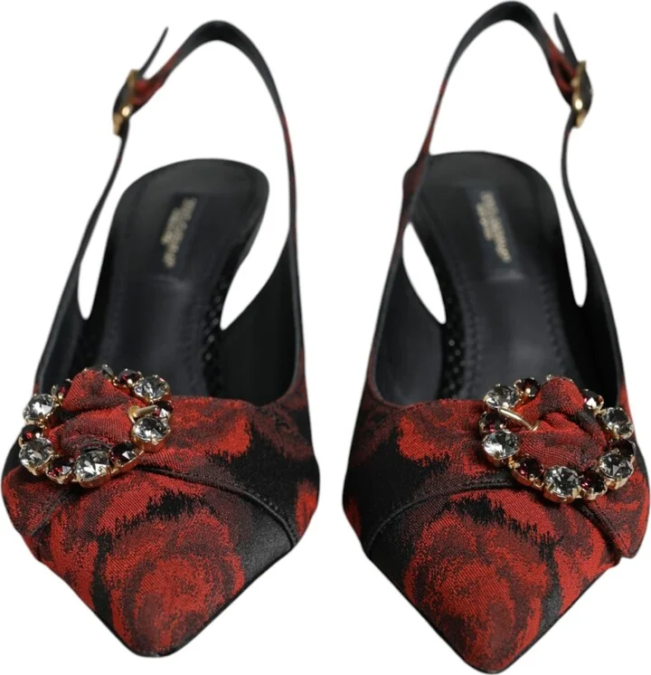 Black Red Floral Crystal Heel Slingback Women's Shoes - Image 2