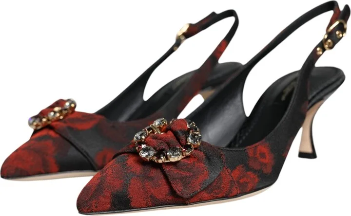 Black Red Floral Crystal Heel Slingback Women's Shoes - Image 3