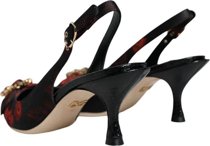 Black Red Floral Crystal Heel Slingback Women's Shoes - Image 4
