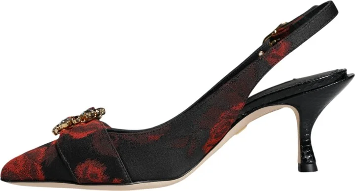 Black Red Floral Crystal Heel Slingback Women's Shoes - Image 5