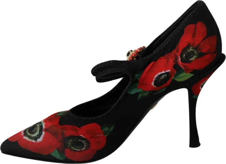 Black Red Floral Mary Janes Pumps Women's Shoes - Image 2