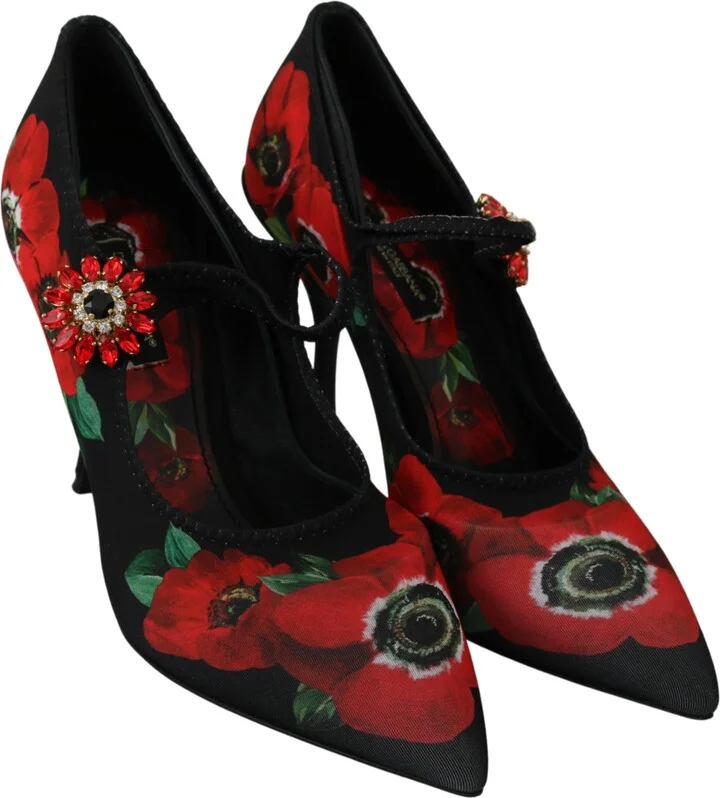 Black Red Floral Mary Janes Pumps Women's Shoes - Image 6