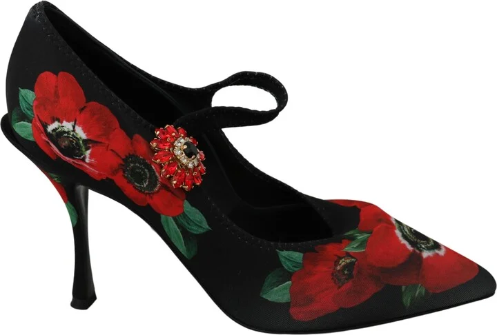 Black Red Floral Mary Janes Pumps Women's Shoes