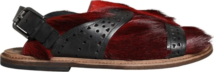 Black Red Gazelle Hair Leather Sandals Men's Shoes