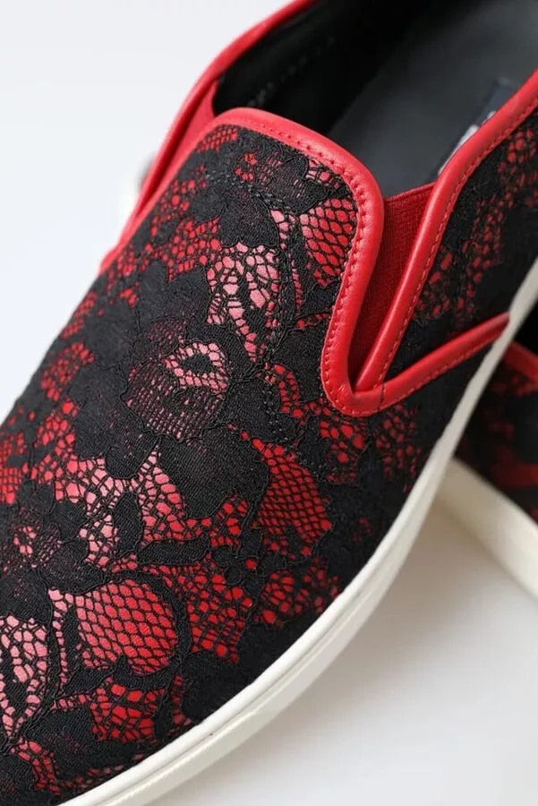 Black Red Lace Slip On Low Top Sneakers Women's Shoes (Pre-Owned) - Image 3