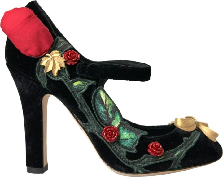 Black Roses Crystal Brooch Mary Jane Women's Shoes