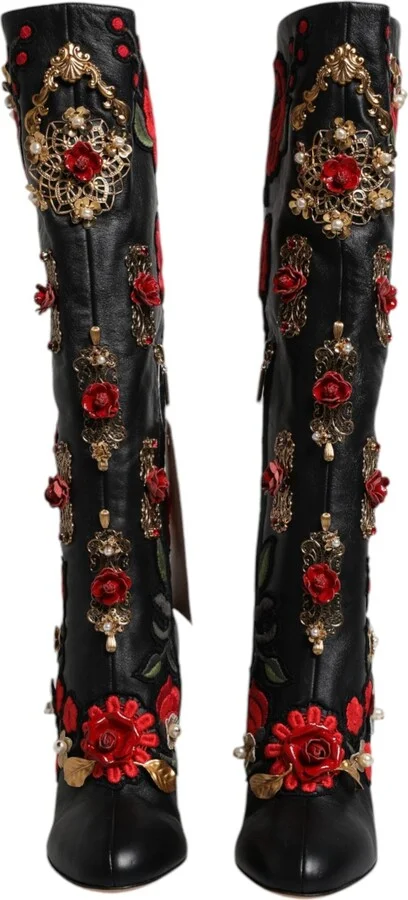 Black Roses Embellished Leather Heel Boots Women's Shoes - Image 2