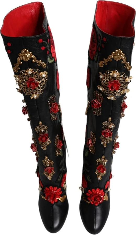 Black Roses Embellished Leather Heel Boots Women's Shoes - Image 3