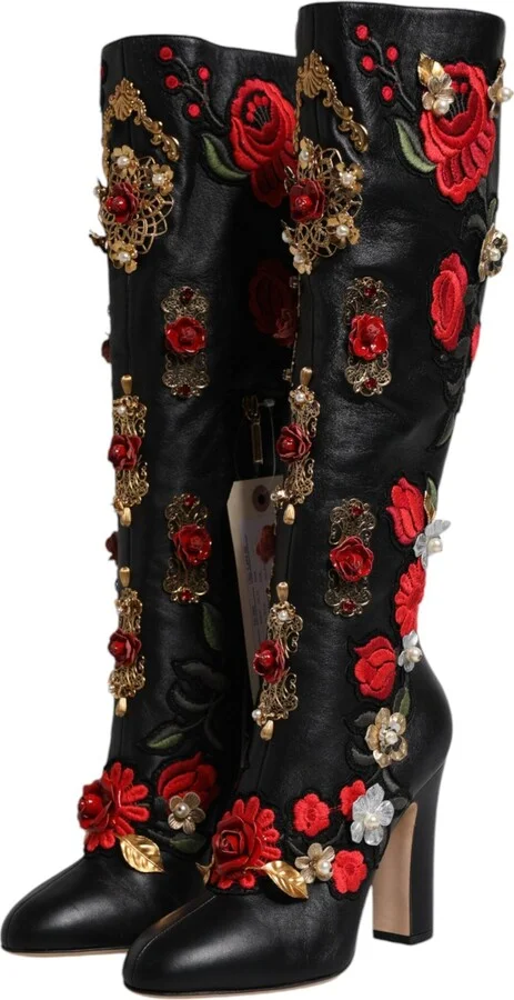 Black Roses Embellished Leather Heel Boots Women's Shoes - Image 4