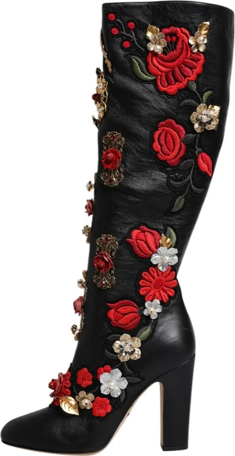 Black Roses Embellished Leather Heel Boots Women's Shoes - Image 6