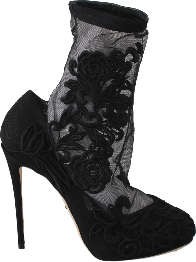 Black Roses Stilettos Booties Socks Women's Shoes