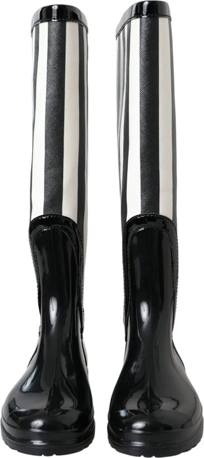 Black Rubber Knee High Flat Boots Women's Shoes - Image 2