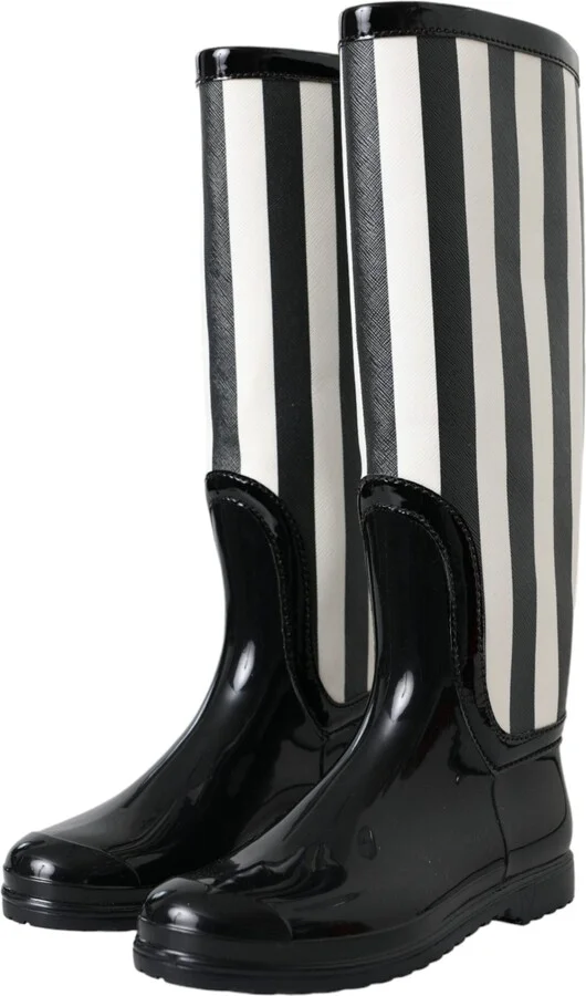 Black Rubber Knee High Flat Boots Women's Shoes - Image 3