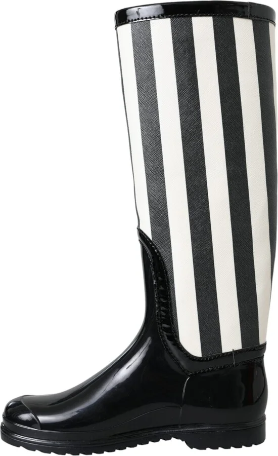 Black Rubber Knee High Flat Boots Women's Shoes - Image 5