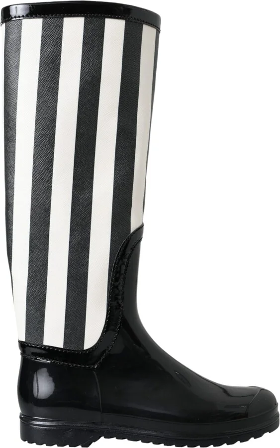 Black Rubber Knee High Flat Boots Women's Shoes