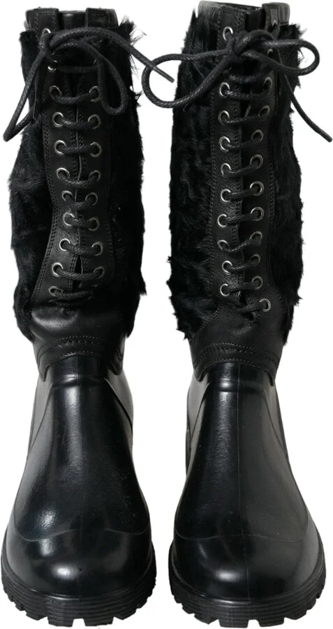 Black Rubber Lace Up Shearling Rain Boots Men's Shoes - Image 2