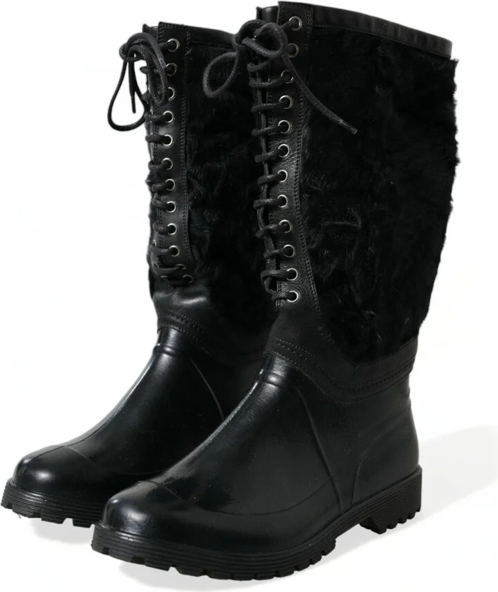 Black Rubber Lace Up Shearling Rain Boots Men's Shoes - Image 3