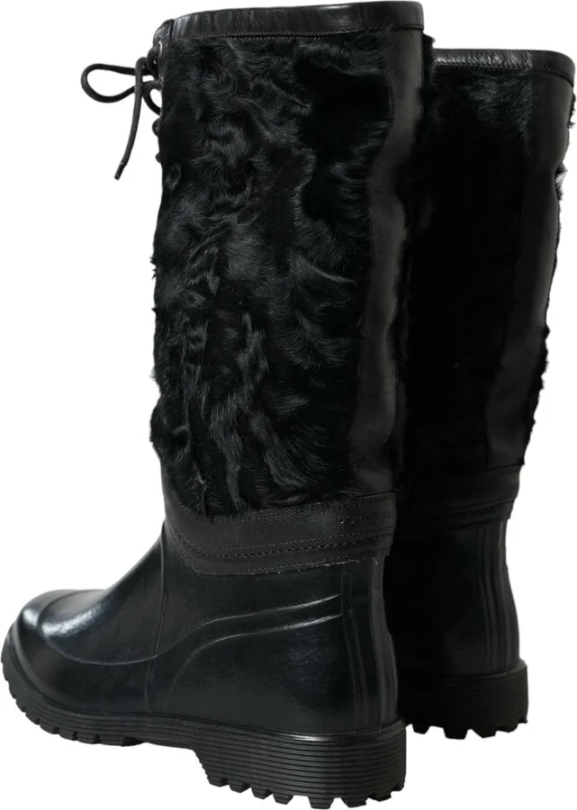 Black Rubber Lace Up Shearling Rain Boots Men's Shoes - Image 4