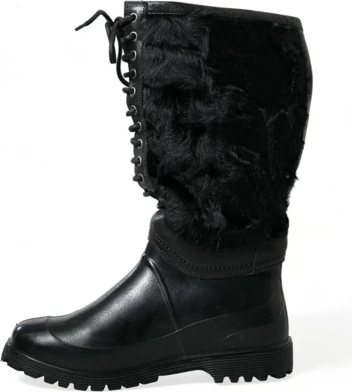 Black Rubber Lace Up Shearling Rain Boots Men's Shoes - Image 5