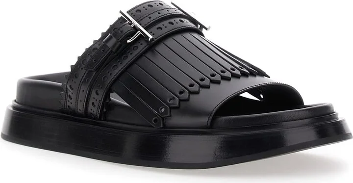 Black Sandals With Brogue T-buckle Decorative Strap In Leather Woman - Image 2