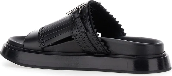 Black Sandals With Brogue T-buckle Decorative Strap In Leather Woman - Image 3