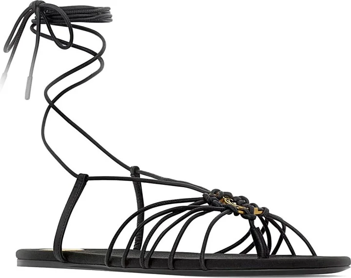 Black Sandals With Cassandre Logo And Laces Around The Ankle In Leather Woman