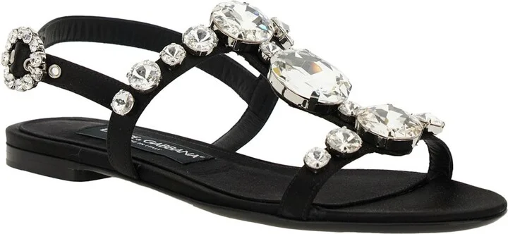 Black Sandals With Embroidered Stones Decorations In Satin Woman - Image 2