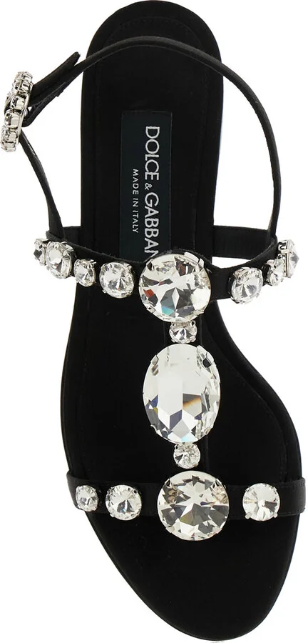 Black Sandals With Embroidered Stones Decorations In Satin Woman - Image 4