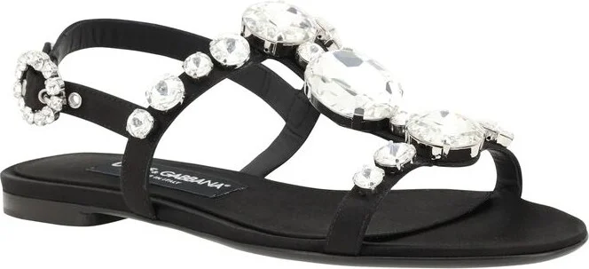 Black Sandals With Embroidered Stones Decorations In Satin Woman - Image 2