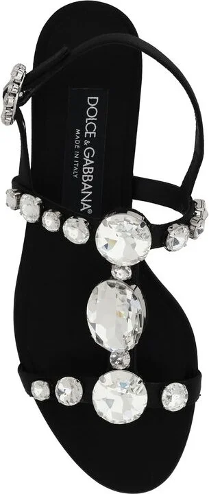 Black Sandals With Embroidered Stones Decorations In Satin Woman - Image 4