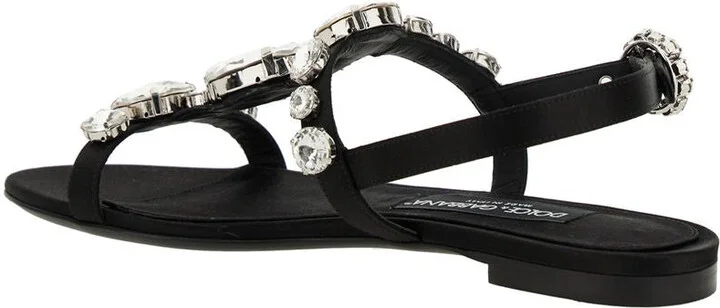 Black Sandals With Embroidered Stones Decorations In Satin Woman - Image 5