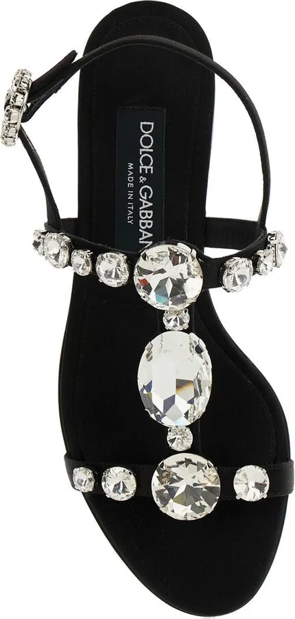 Black Sandals With Embroidered Stones Decorations In Satin Woman - Image 7